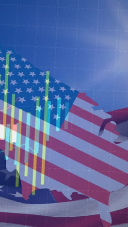 animación de la bandera estadounidense y el mapa con procesamiento estadístico