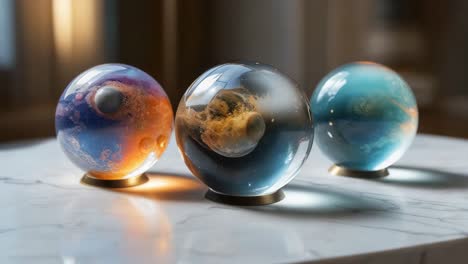 three glass orbs with planetary designs on a marble table