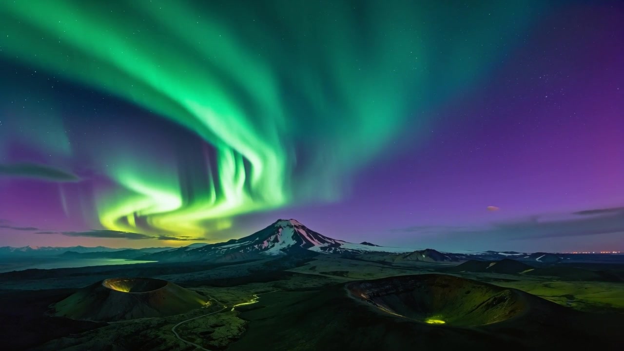 Cortine aurorali a spirale e una tempesta solare che si espande sopra un vulcano innevato di notte, illuminando i bagliori del cratere.