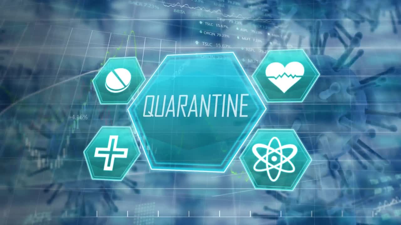 이동하는 코로나19 세포에 대한 격리 텍스트가 있는 의료 아이콘