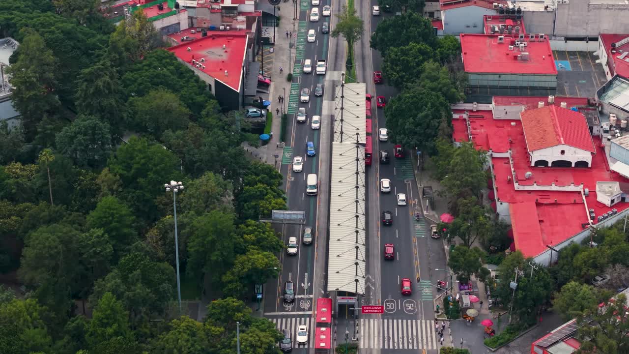 Drone view of congested avenue in Mexico City