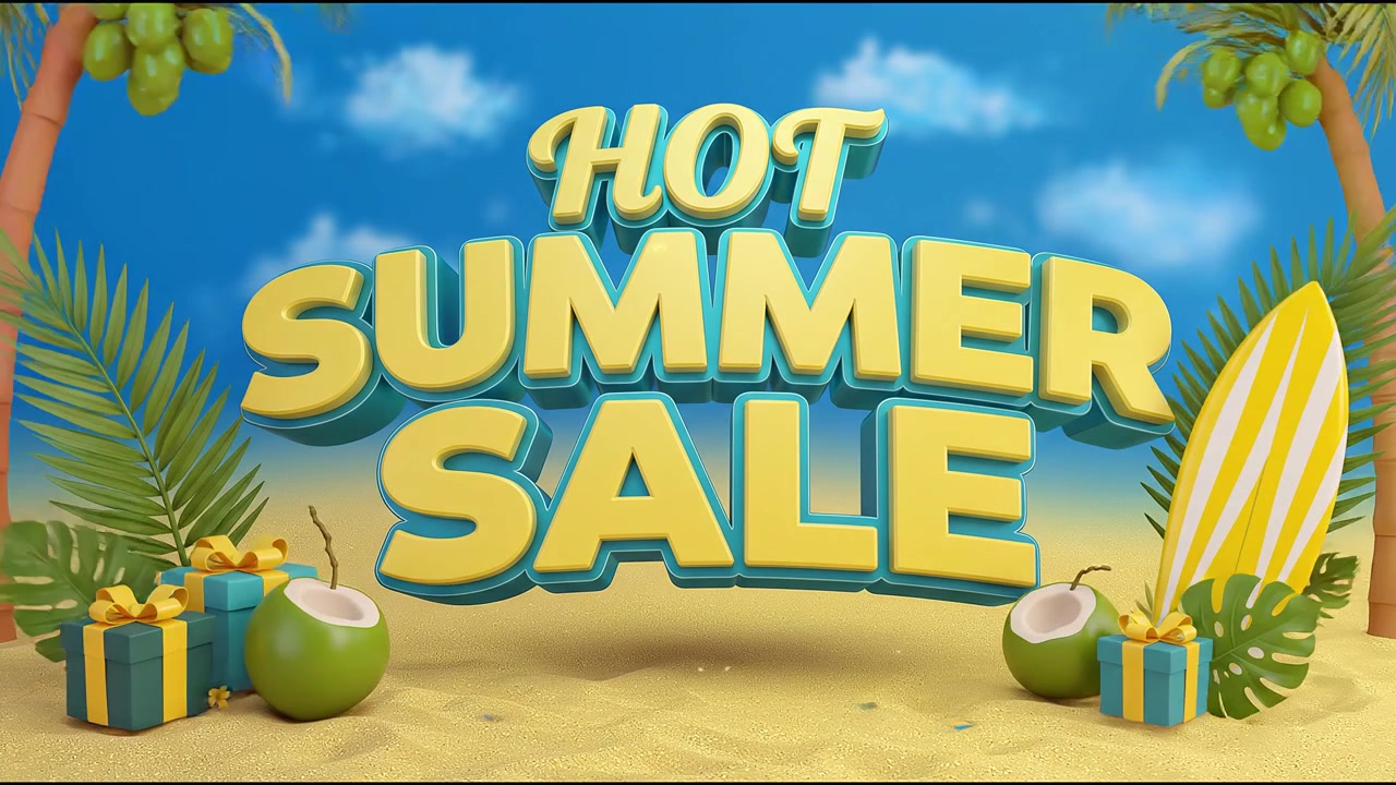 Sæsonbestemt kampagneanimation for varmt sommerudsalg med gul og blå 3D-typografi på tropisk strandbaggrund