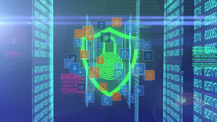 Security padlock icon against data processing