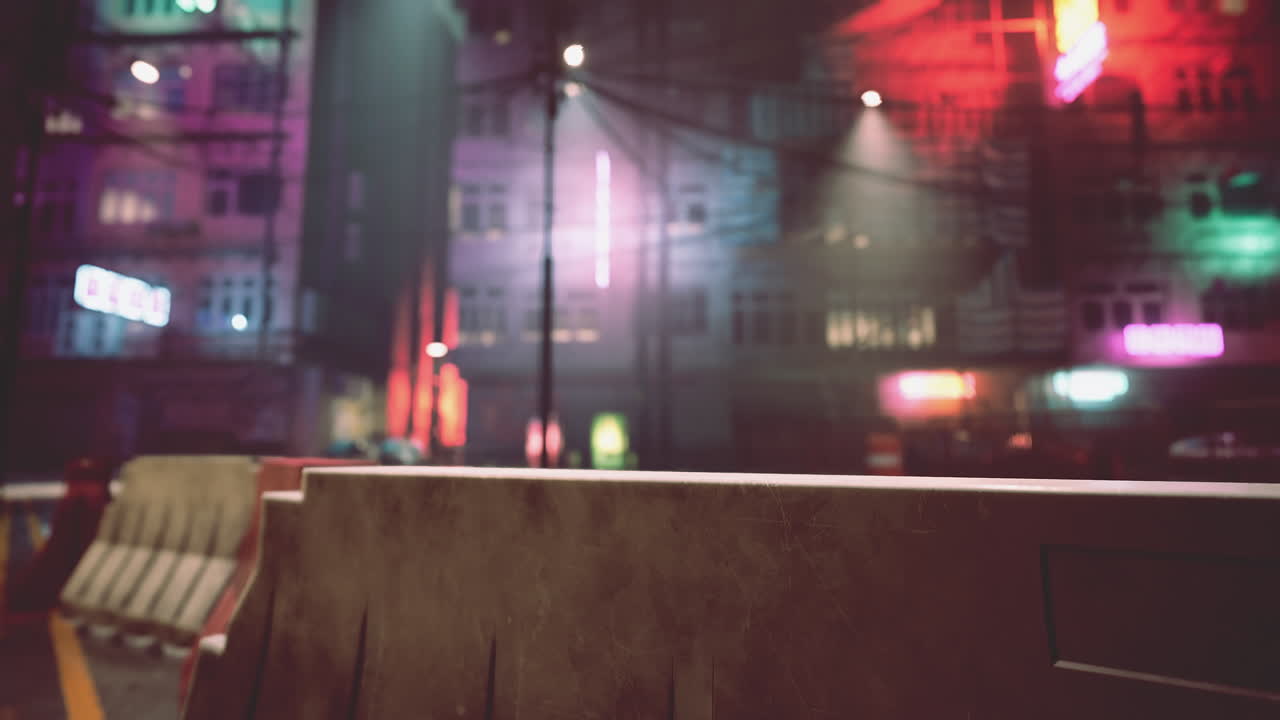 도로 차단 을 가진 밤 도시 거리 장면