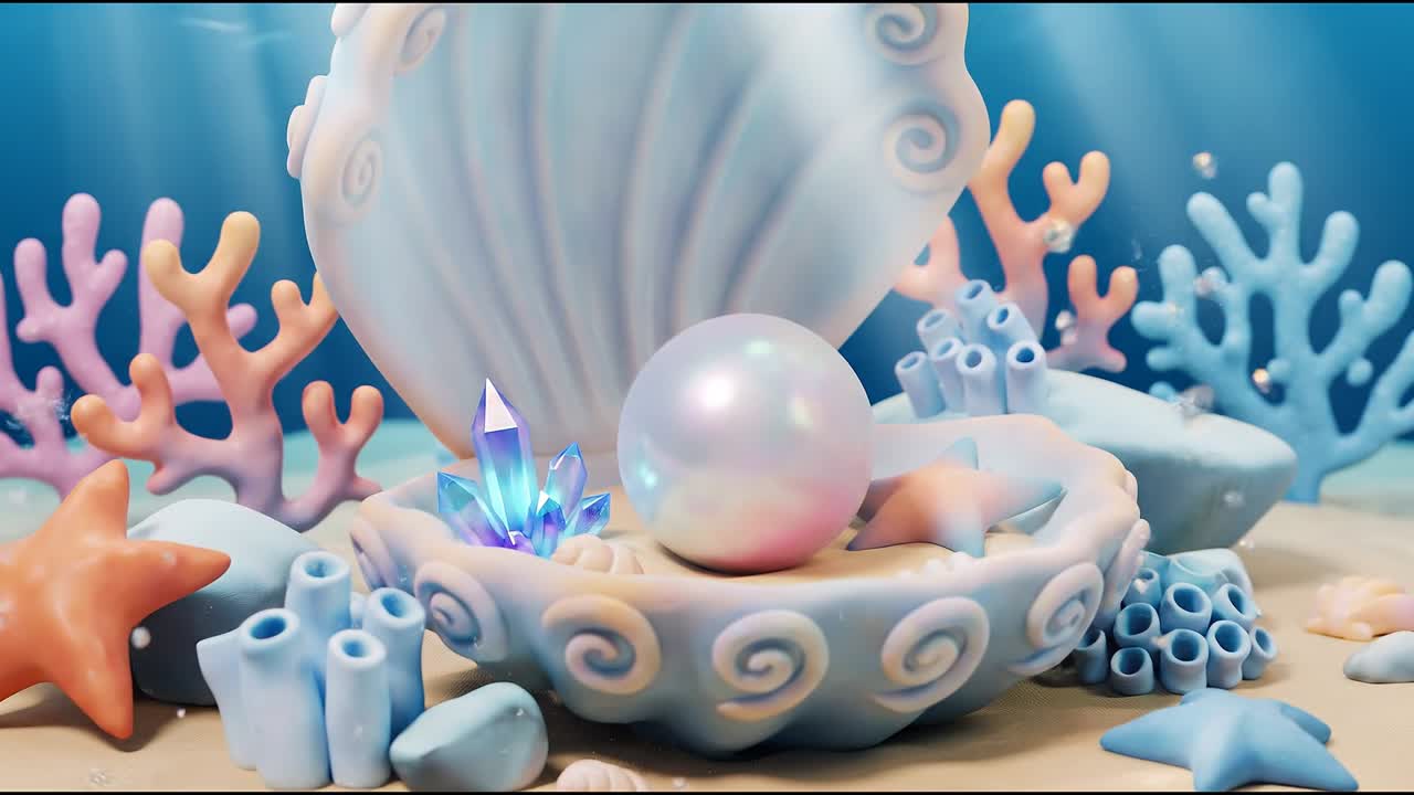 Open seashell revealing glowing pearl surrounded by coral reef shapes and crystals in stylized underwater scene