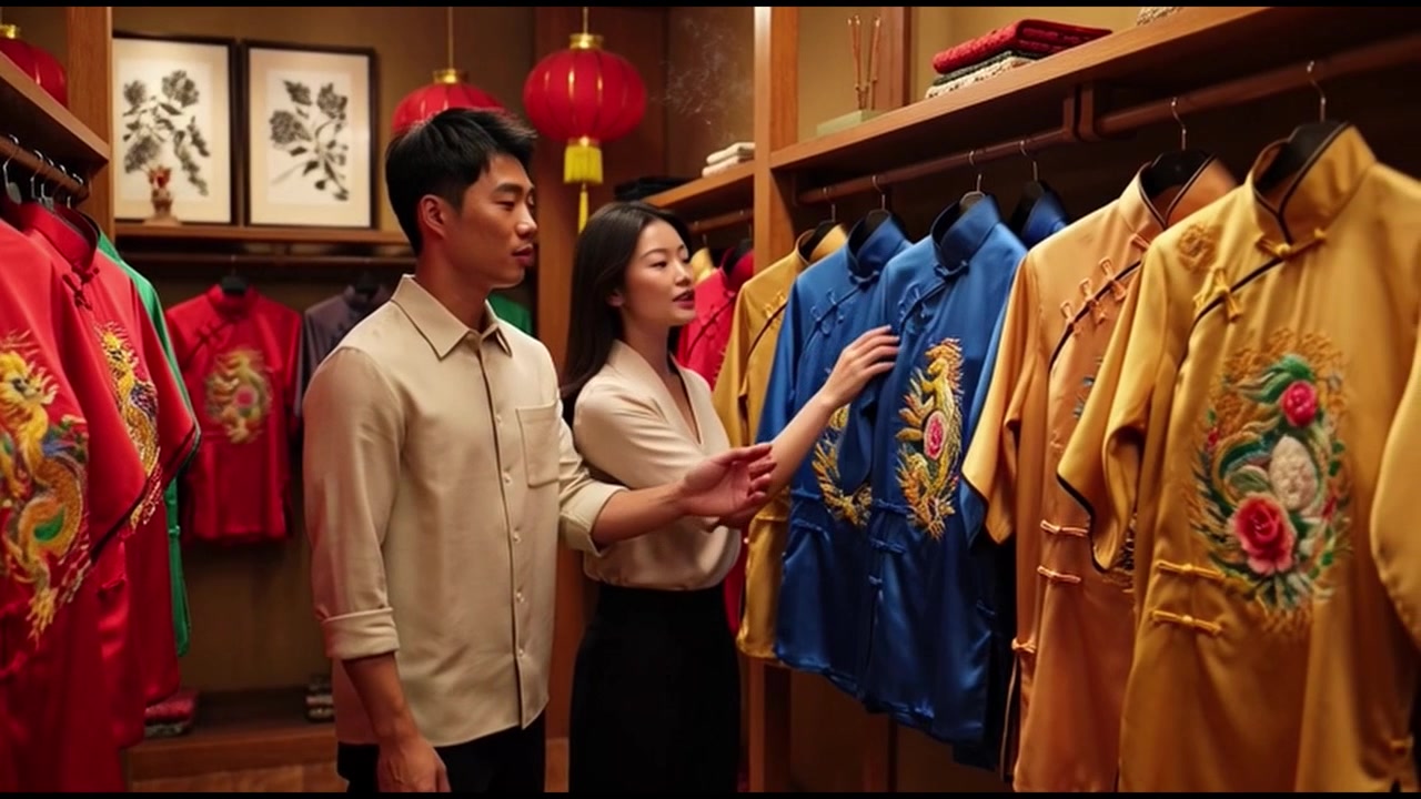 Coppia che esamina abiti tradizionali cinesi ricamati in una boutique