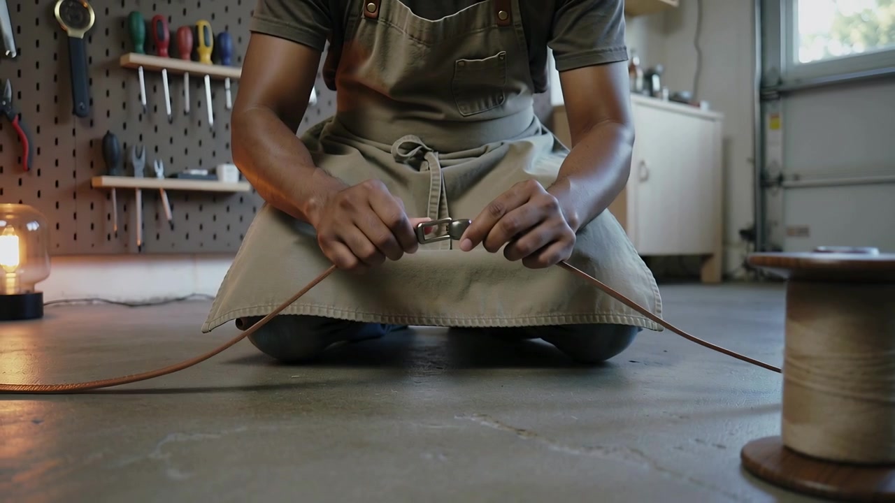 Holding two cords bringing metal clasp kneeling artisan fastening strap on garage floor spool right
