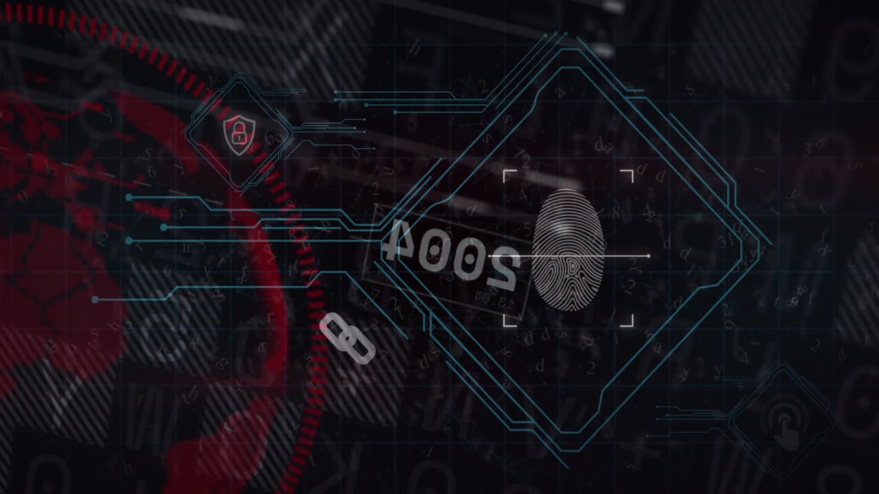 Animation of fingerprint and financial data processing over black background