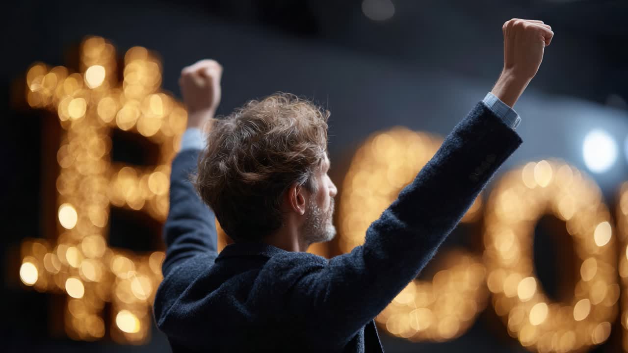 Celebratory Moment: A Man Raises His Hands with Joy Against a Backdrop of Bright, Sparkling Lights, Signifying Triumph or Excitement in an Energized Atmosphere