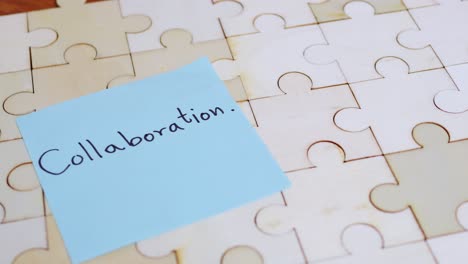 A close-up view of a puzzle piece withCollaborationwritten symbolizing teamwork and creative problem-solving