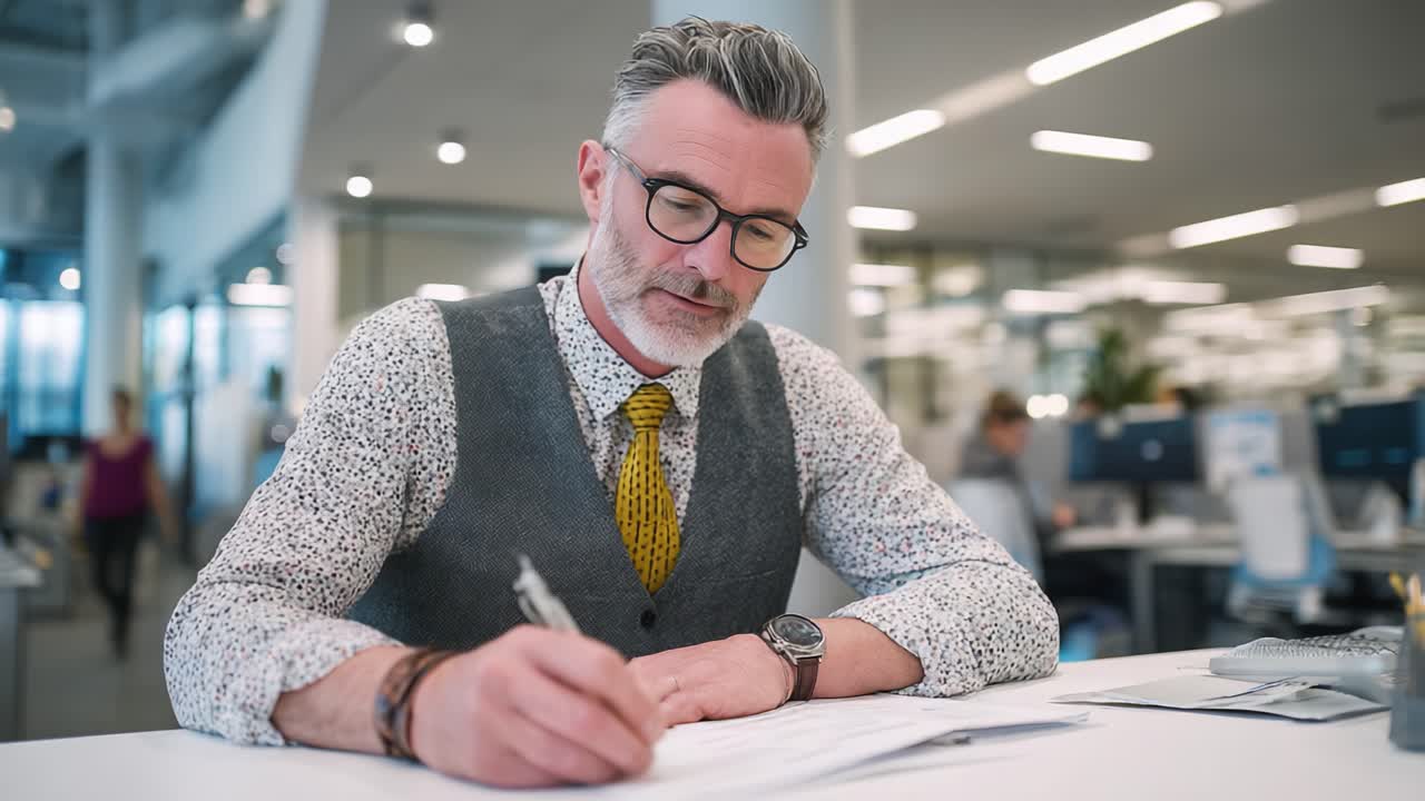 Focused Professional Writing at Modern Office Desk: A Stylish Man with Glasses Diligently Completing Important Documents Amidst a Contemporary Workspace