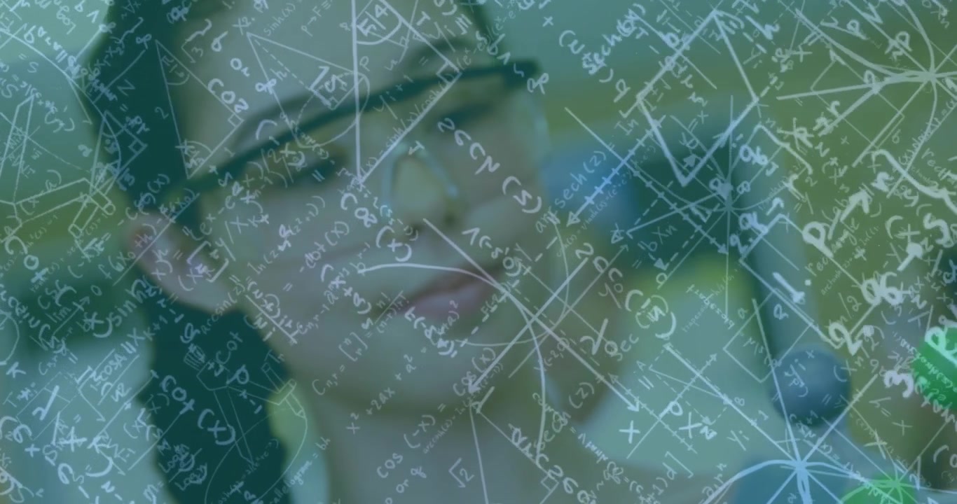 Animation of mathematical equations over caucasian schoolgirl with models in classroom