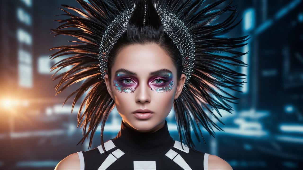 Un look di moda accattivante che presenta una modella con capelli a punta spettacolari e un trucco occhi audace, ambientato su uno sfondo urbano vibrante, che mostra l'essenza di una forte individualità