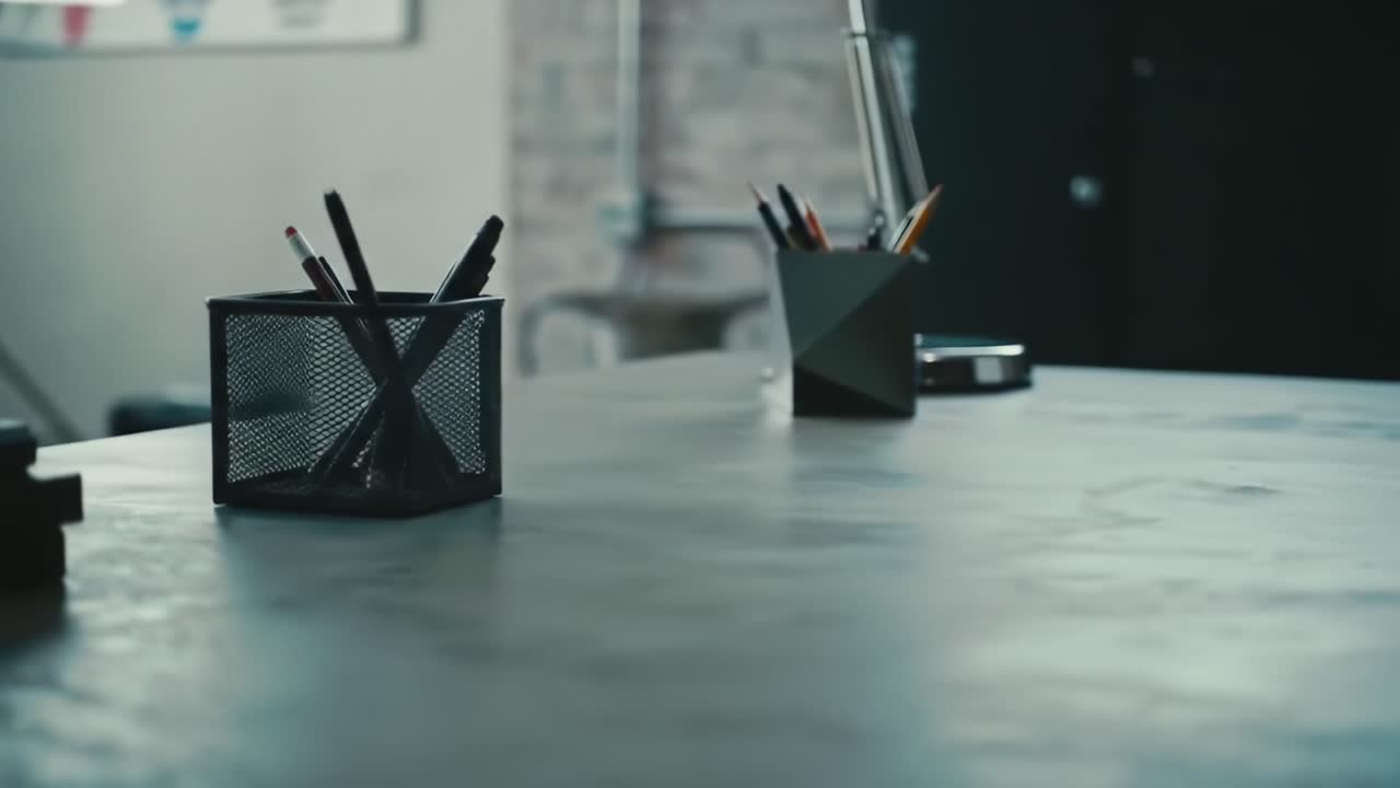 Un espacio de trabajo envolvente con material de oficina organizado sobre un escritorio contemporáneo, que destaca una estética minimalista en un entorno tranquilo y atractivo.