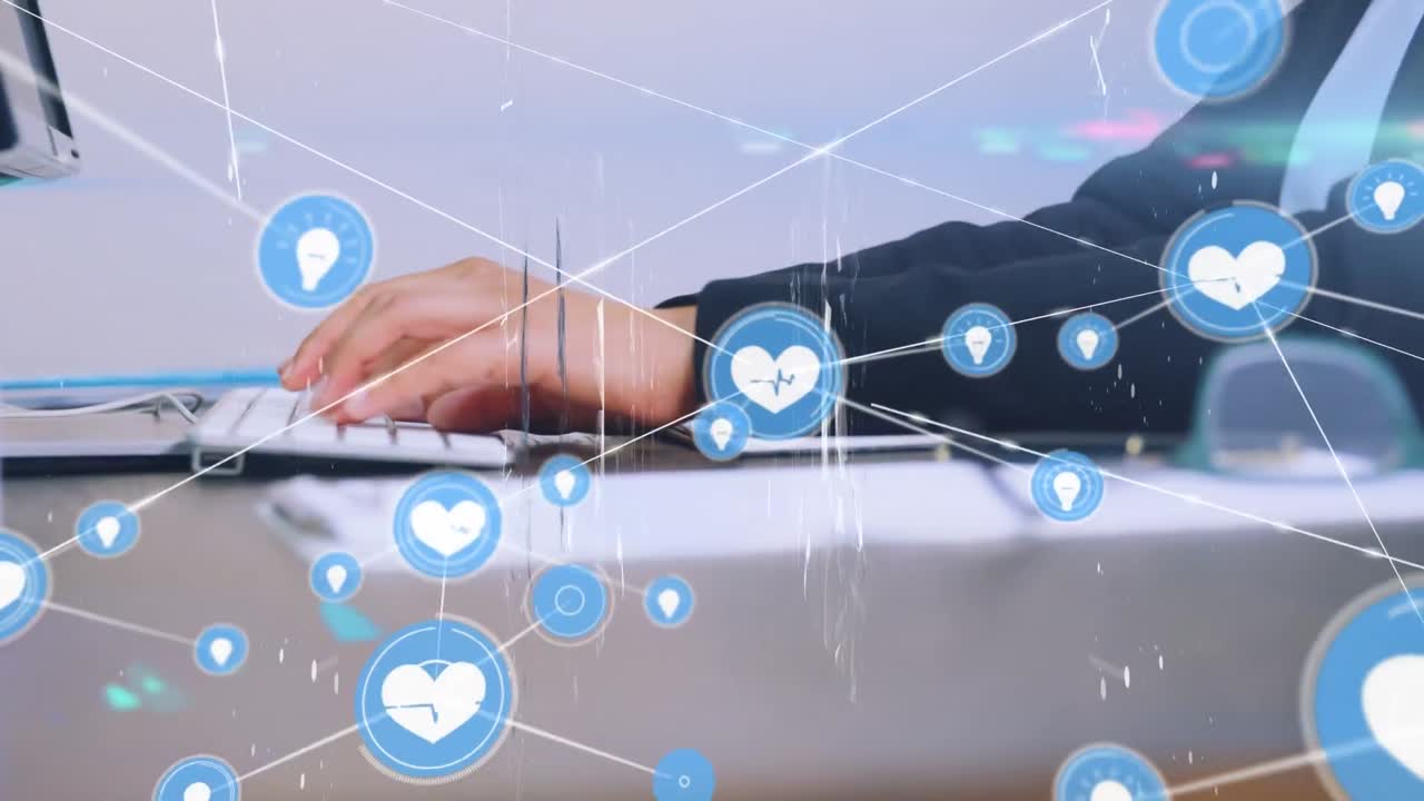 키보드에 타이핑하는 백인 남성에 대한 연결 네트워크의 애니메이션