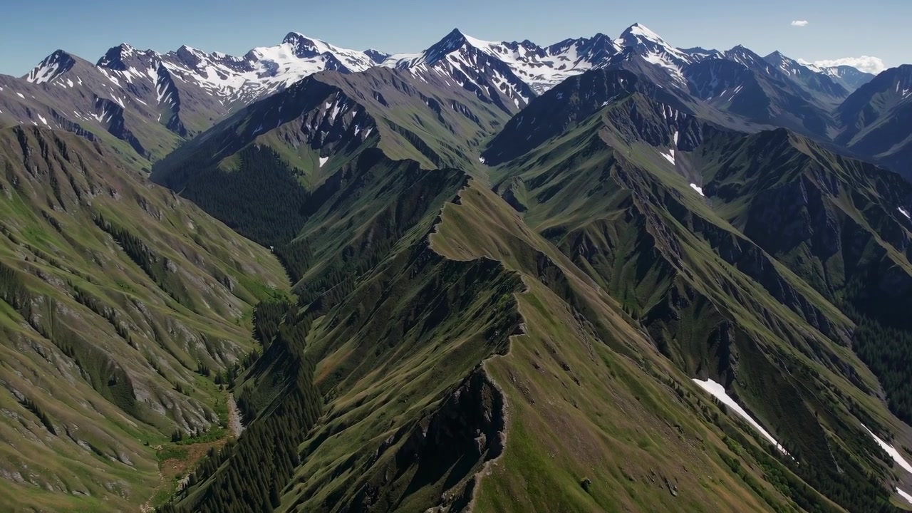 Luchtfoto van majestueuze bergketen met sneeuwbedekte toppen