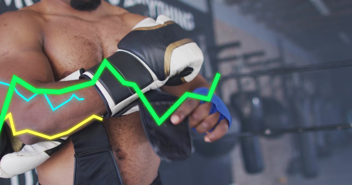 Male boxer wrapping blue wrap and fastening glove, activating animated lines during training prep