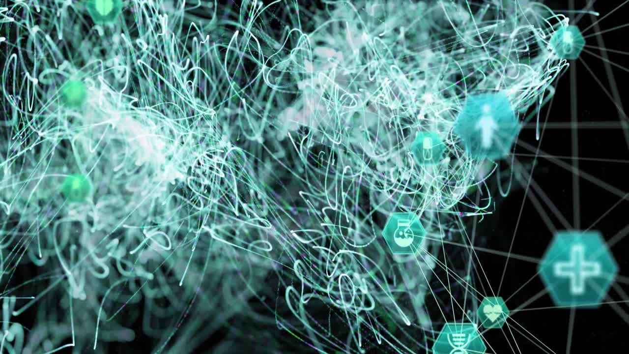 Animation of network of medical icons spinning over black background