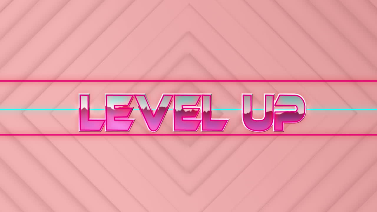분홍색 다이아몬드 모양의 네온 선 위에 분홍색 금속으로 레벨 업 텍스트의 애니메이션