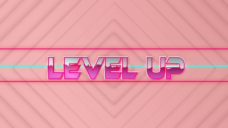Animation of level up text in pink metallic, over neon lines on pink diamond shapes