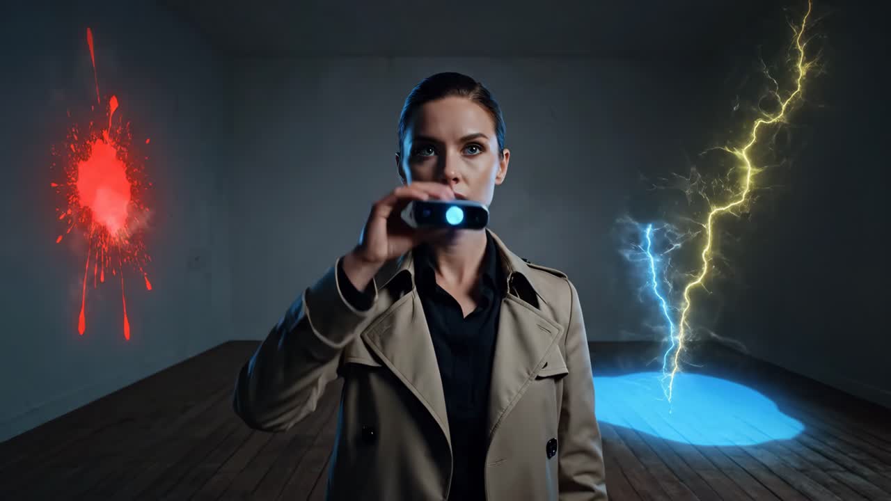 Woman using high tech device in futuristic environment