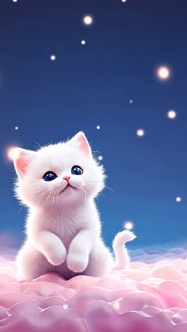 a dreamy video concept featuring a fluffy white kitten on pink clouds