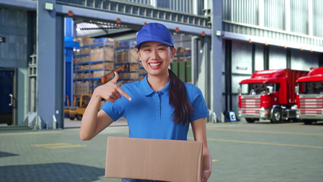 Asian Female Courier In Blue Uniform Smiling And Pointing To A Carton In Hand While Delivering It, Outside Warehouse