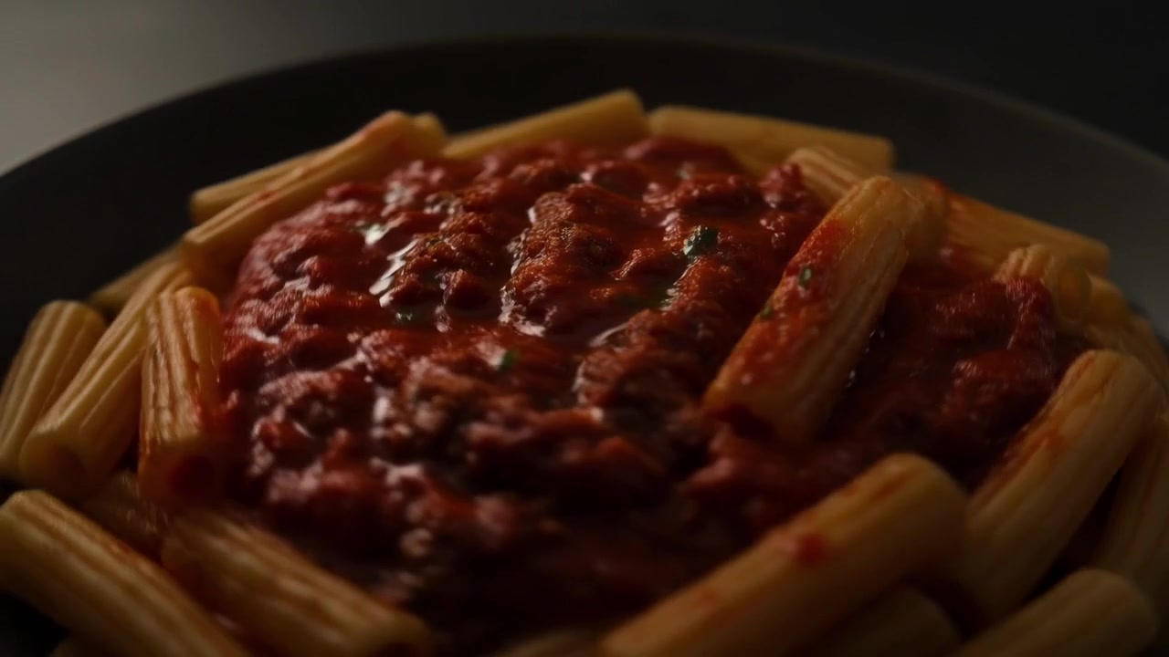 Close-up de massa rigatoni com molho rico de carne e tomate
