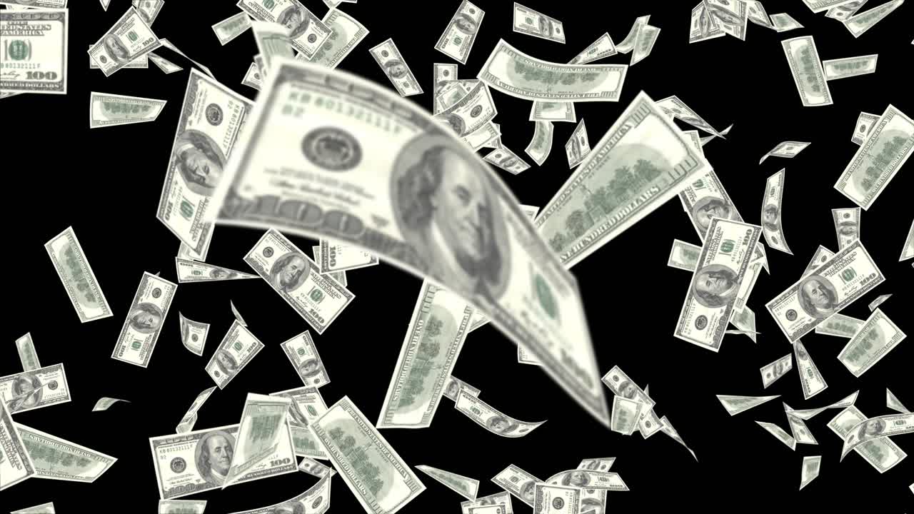 Concetto di risparmio di denaro ed economia in loop 4K, animazione 3D di banconote da un dollaro che cadono, clip in loop senza soluzione di continuità