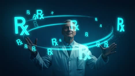 innovative pharmacist showcases digital prescription technology with a futuristic glow, transforming medication management and patient care in a modern setting