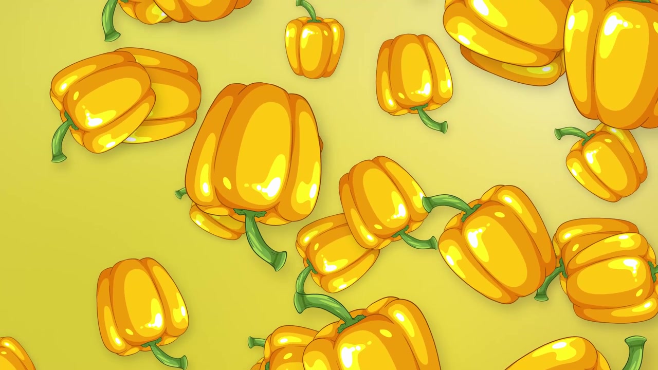 Peperoni gialli stilizzati cadono continuamente su uno sfondo a gradiente a rete giallo brillante.