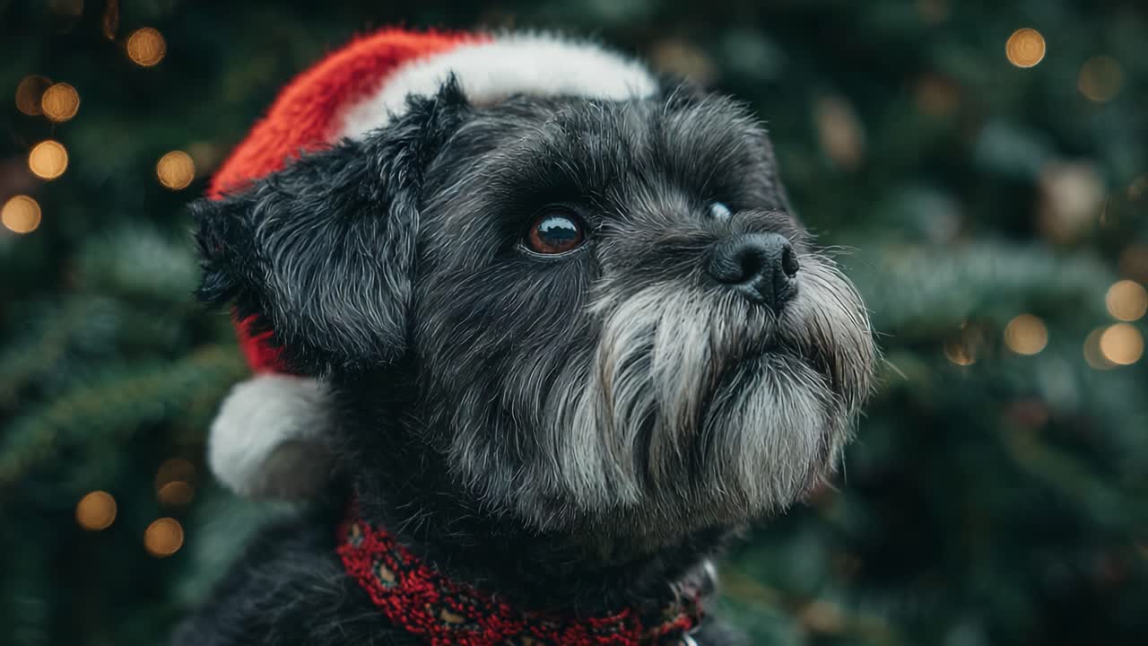 A Festively Adorned Dog in a Santa Hat Captured with a Soft Focus Background Filled with Warm Holiday Lights and Cheerful Decorations