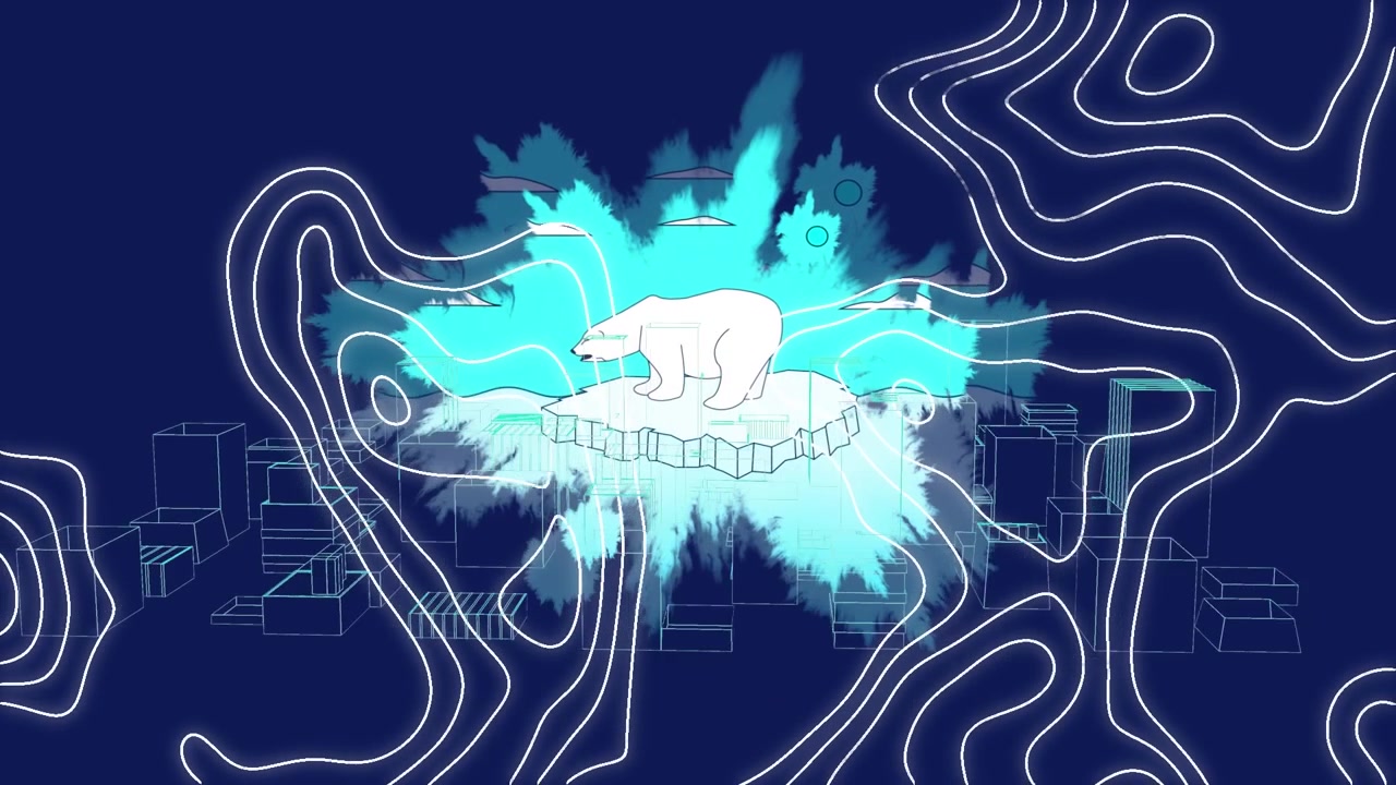 Animation af isbjørn på gletsjer og bevægende netværk over bybygninger om natten