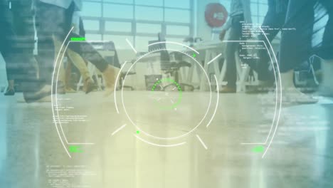 animation of scope scanning, programming data over low section of businesspeople walking in office