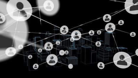 interconnected user icons floating over wireframe skyline, creating glowing network web 3d render