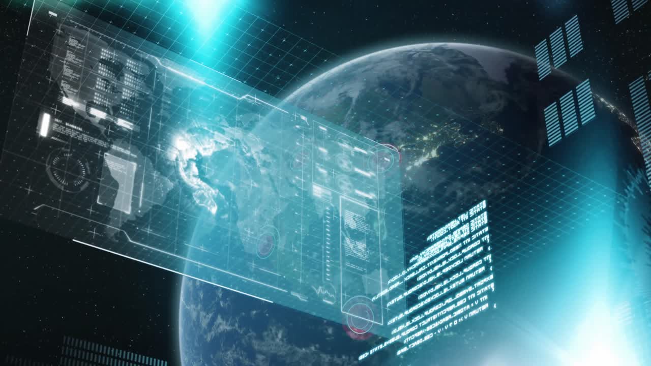 우주에서 지구 위의 지구와 함께 데이터 처리의 애니메이션