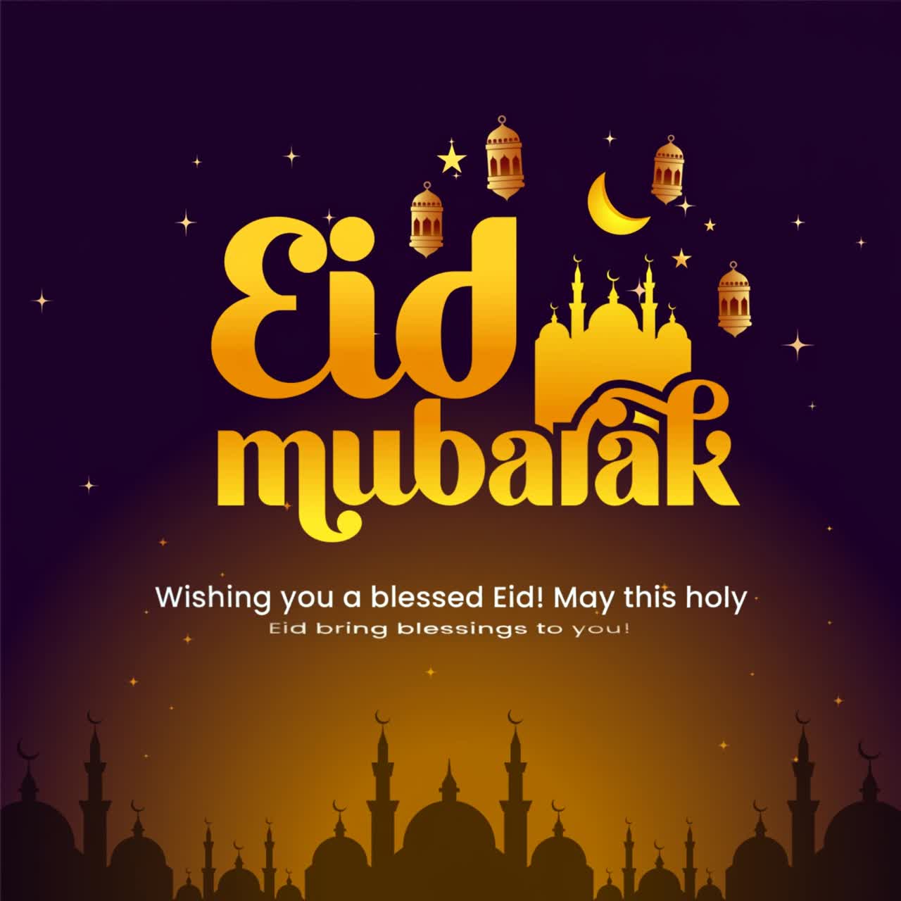 Animazione Eid al-Fitr con Kaaba, lanterne dorate, luna crescente su sfondo blu