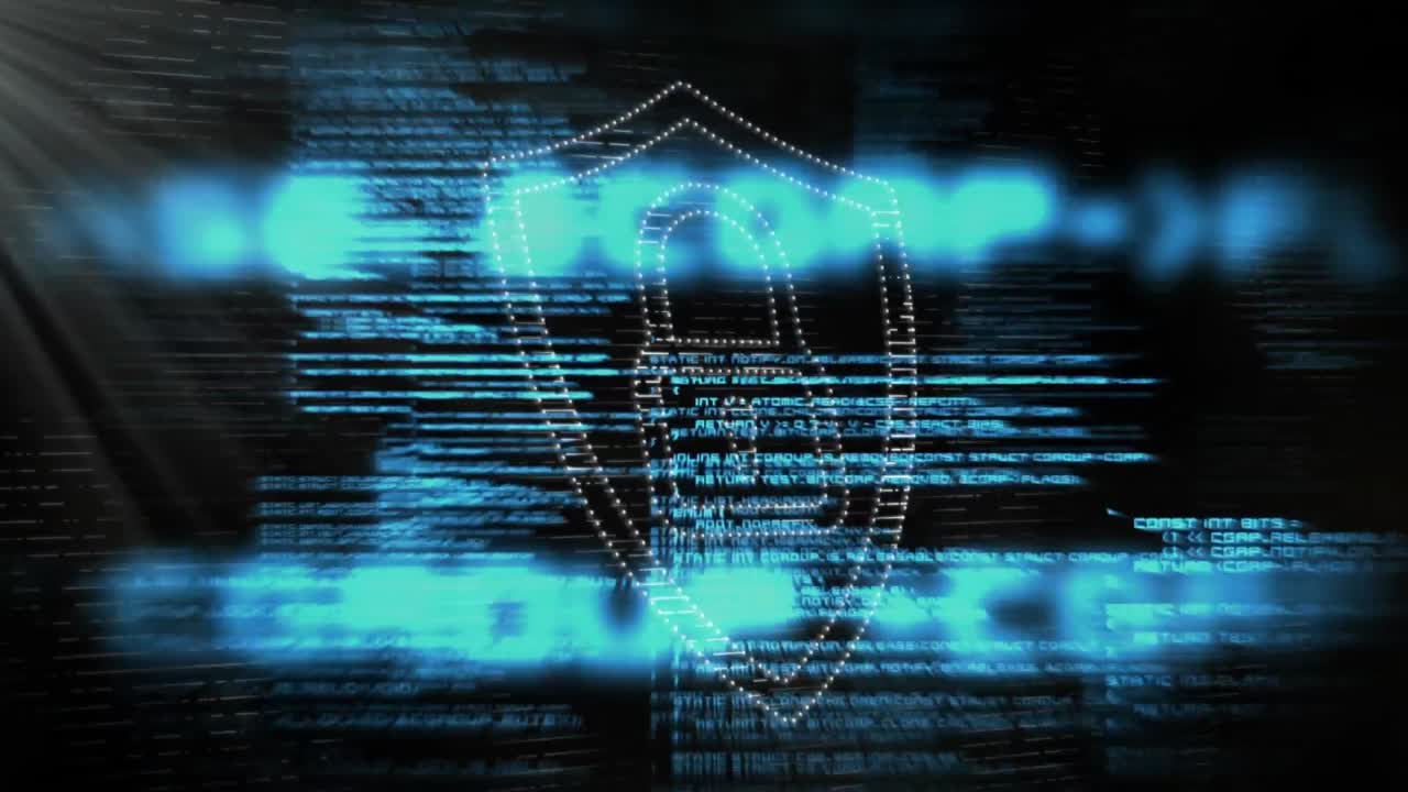 animación de punto de luz, icono de candado de seguridad y procesamiento de datos contra fondo negro