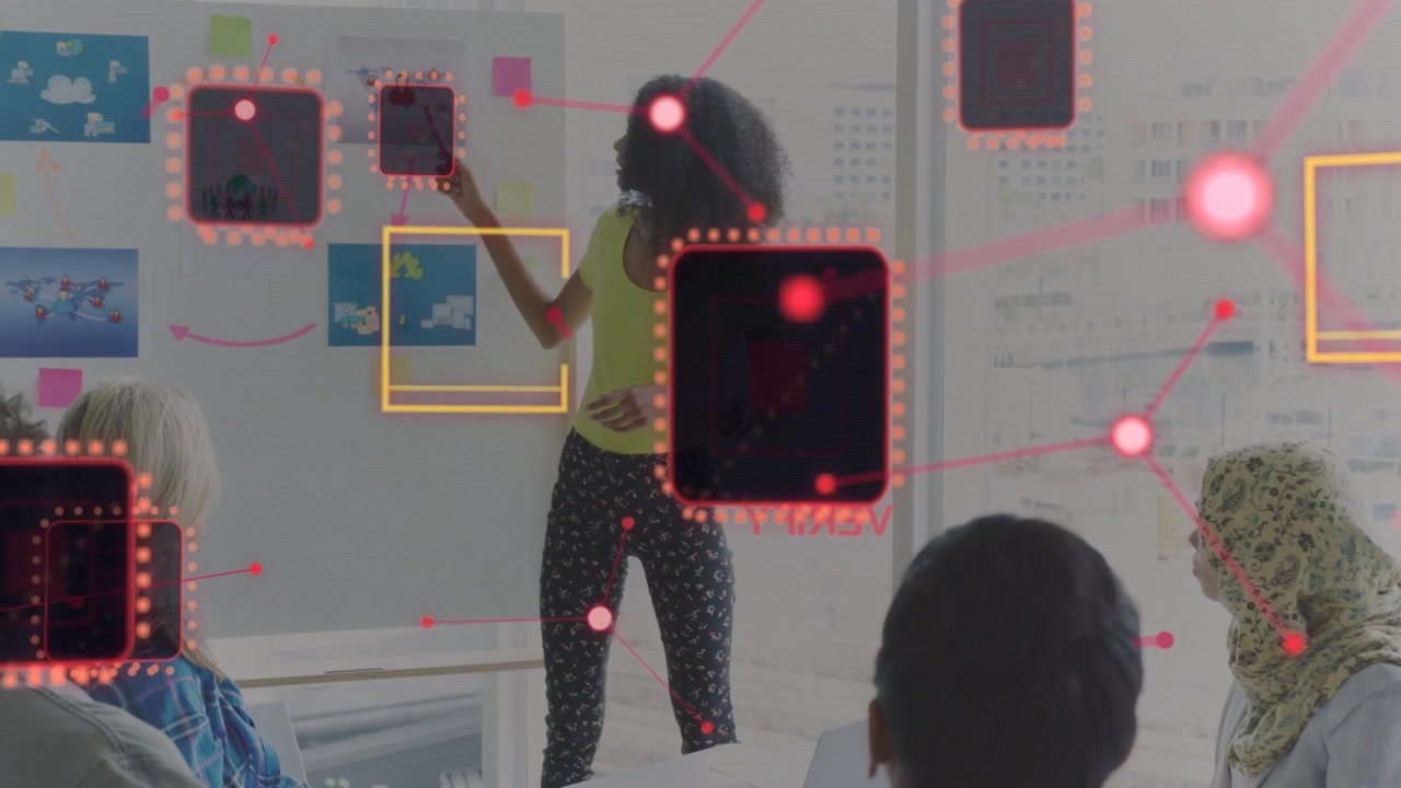 Facilitator moving sticky notes while tapping card, causing red node overlay for business meeting