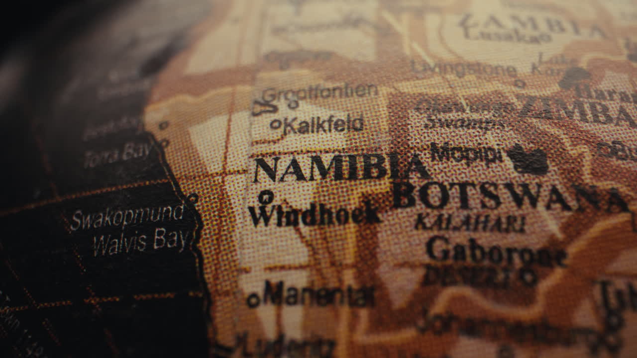 Close-up of a world globe map focusing on Namibia and Botswana