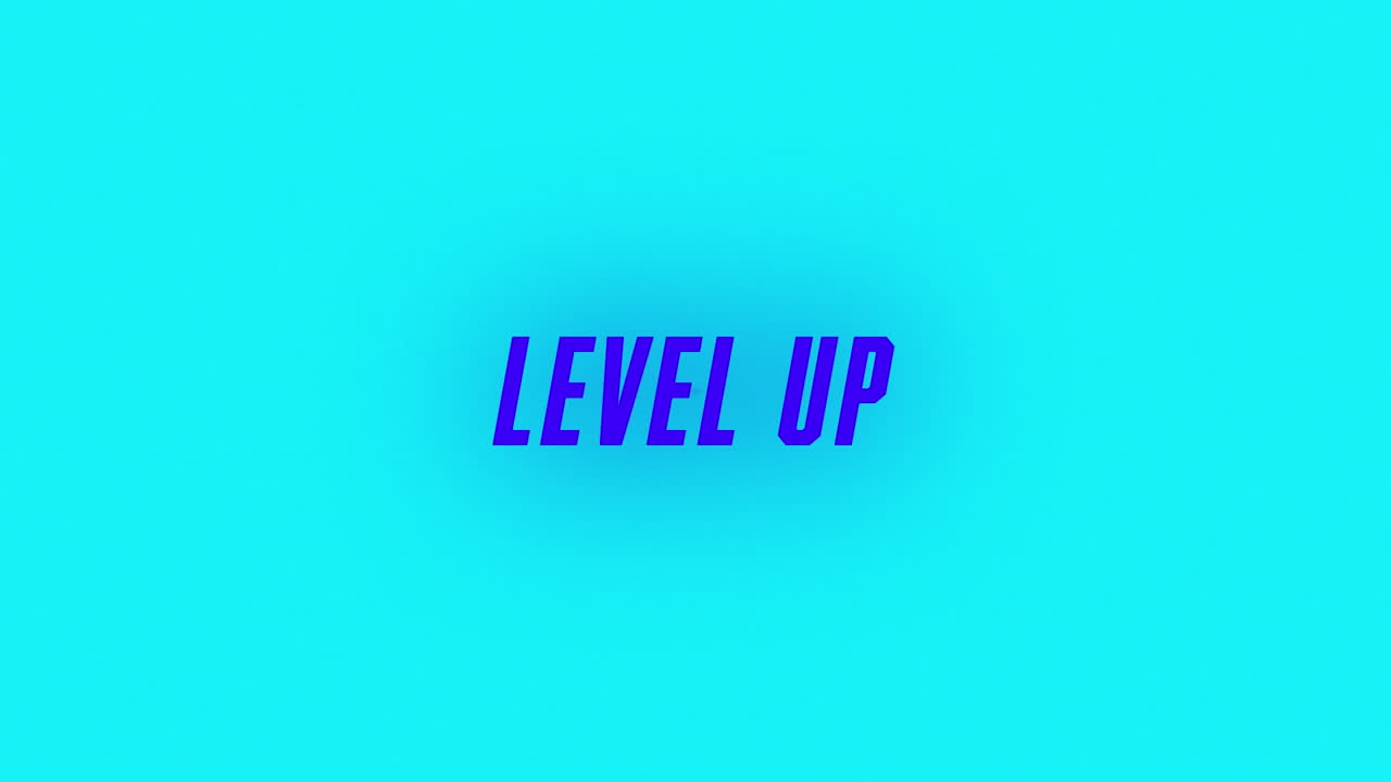Digital animation of level up text against colorful concentric circles on blue background
