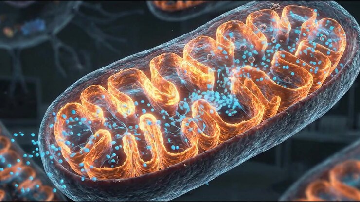 Render 3D di una sezione trasversale di mitocondrio, organello cellulare microscopico, video orizzontale 16:9