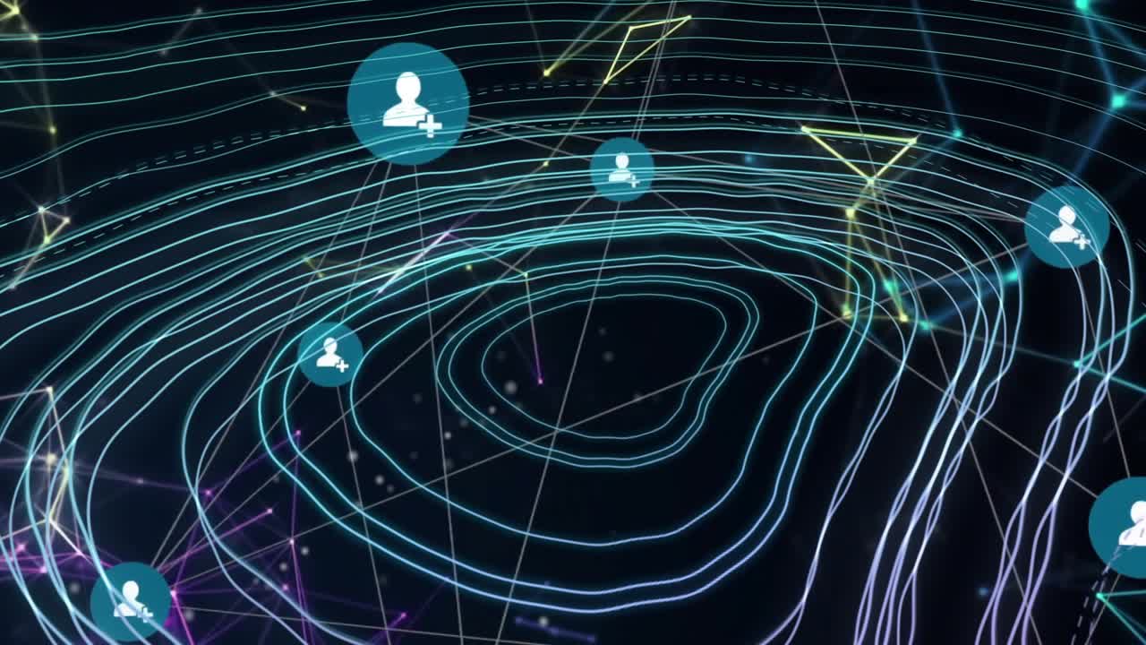 Showing glowing contour lines forming map shape on dark grid, featuring user-plus icons and nodes