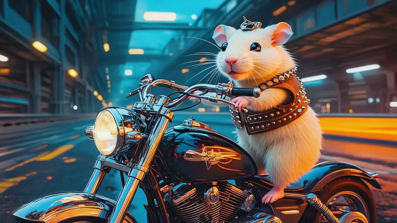 Biker Hamster Riding a Motorcycle at Night
