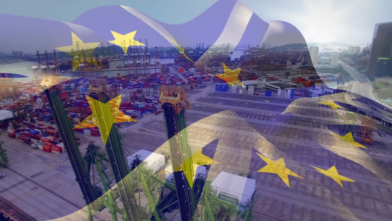 Containerterminal som överlagras av den brittiska flaggan och sedan förvandlas till den europeiska flaggan, vilket symboliserar enighet.