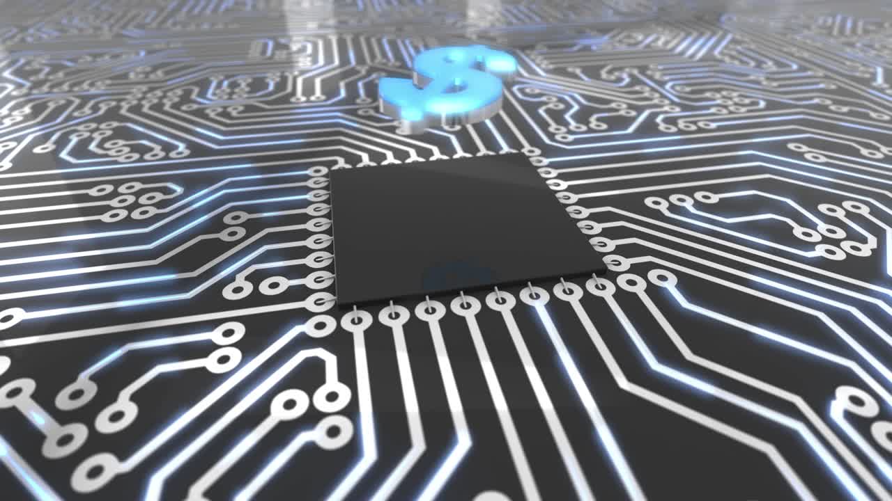 어두운 파란색 회전 컴퓨터 회로 보드 개념 달러 루프 4k