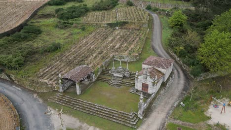 Calvario-de-Beade-and-Chapel-of-San-Roque,-Beade,-Spain---aerial-view