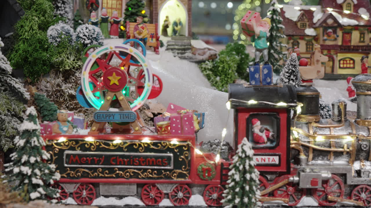 Miniature Christmas Village with Illuminated Toy Train and Ferris Wheel