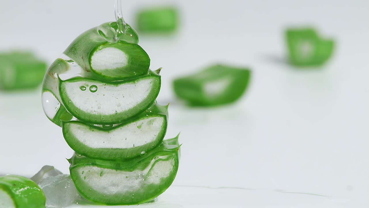 신선한 녹색 알로에 베라 식물의 조각은 잎의 조각으로 쌓여 있으며, 투명한 추출물 젤이 성분을 통해 흐릅니다. 유기 화장품, 대안 의학을위한 자연 의학 식물.