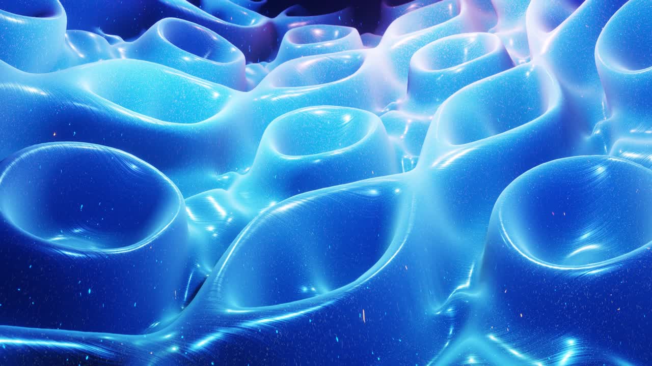 fantastical festive blue bg. Stylish abstract looped background, waves move on glossy surface like landscape made of liquid blue wax with sparkles. Beautiful soft background with smooth animation 4k